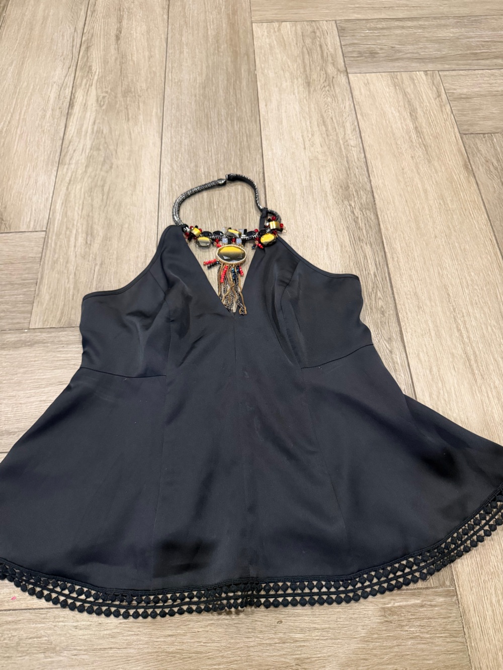 bebe Black Halter Tank Top with Decorative Neckline